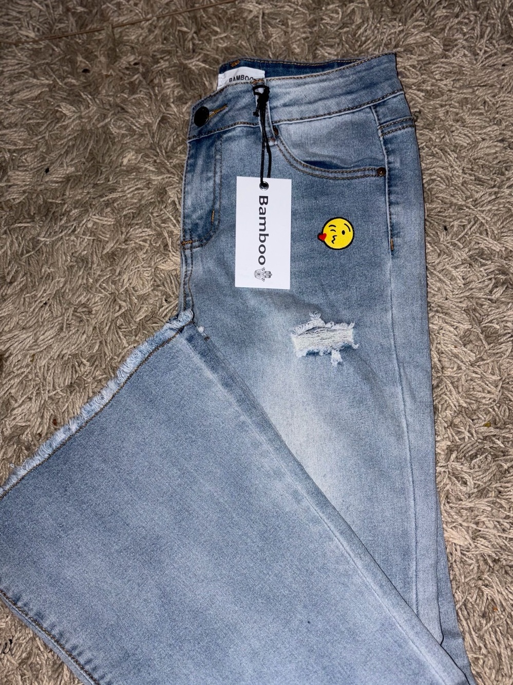 BAMBOO Faded Light Blue Flare Jeans with Distress